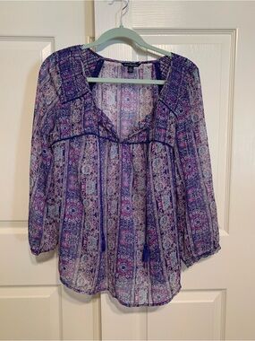 American Eagle Purple Paisley Tassel Boho Blouse Sz L